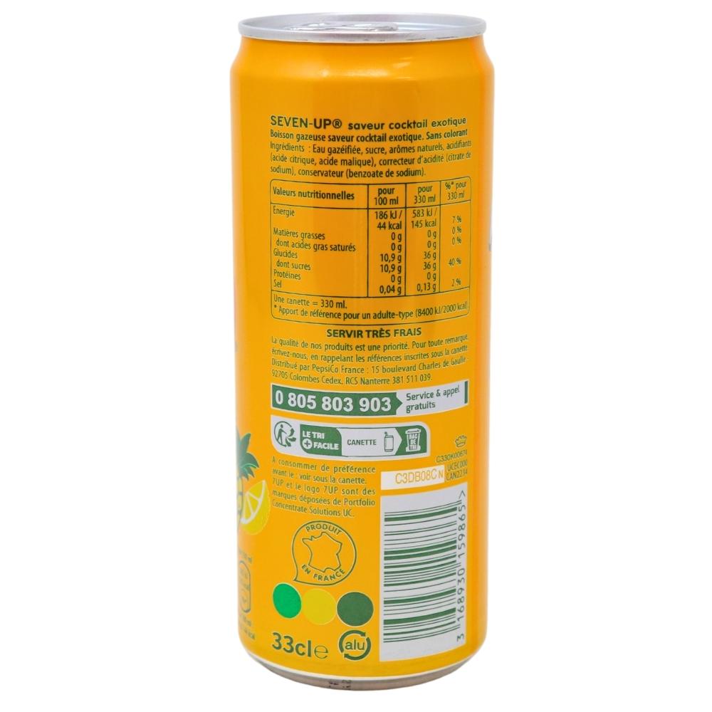 7up Cocktail (France) - 330mL Nutrition Facts Ingredients - 7UP Exotic Cocktail France - Tropical Tango of Fizz - Exotic Allure - Citrusy Fizz - Fruity Oasis - Refreshing Journey - Exotic Magic - Classic Lemon-Lime Soda - Twist on the Classic - Tropical Fruits