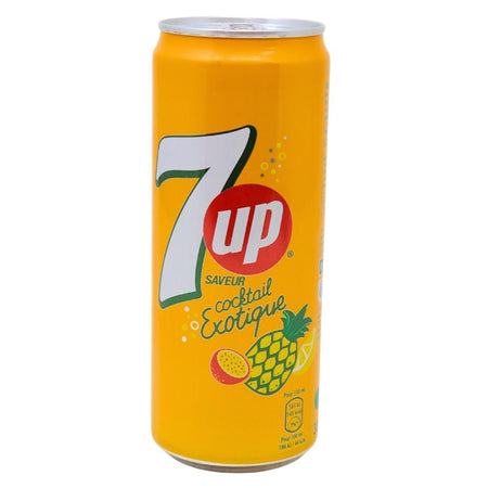 7up Cocktail (France) - 330mL - 7UP Exotic Cocktail France - Tropical Tango of Fizz - Exotic Allure - Citrusy Fizz - Fruity Oasis - Refreshing Journey - Exotic Magic - Classic Lemon-Lime Soda - Twist on the Classic - Tropical Fruits