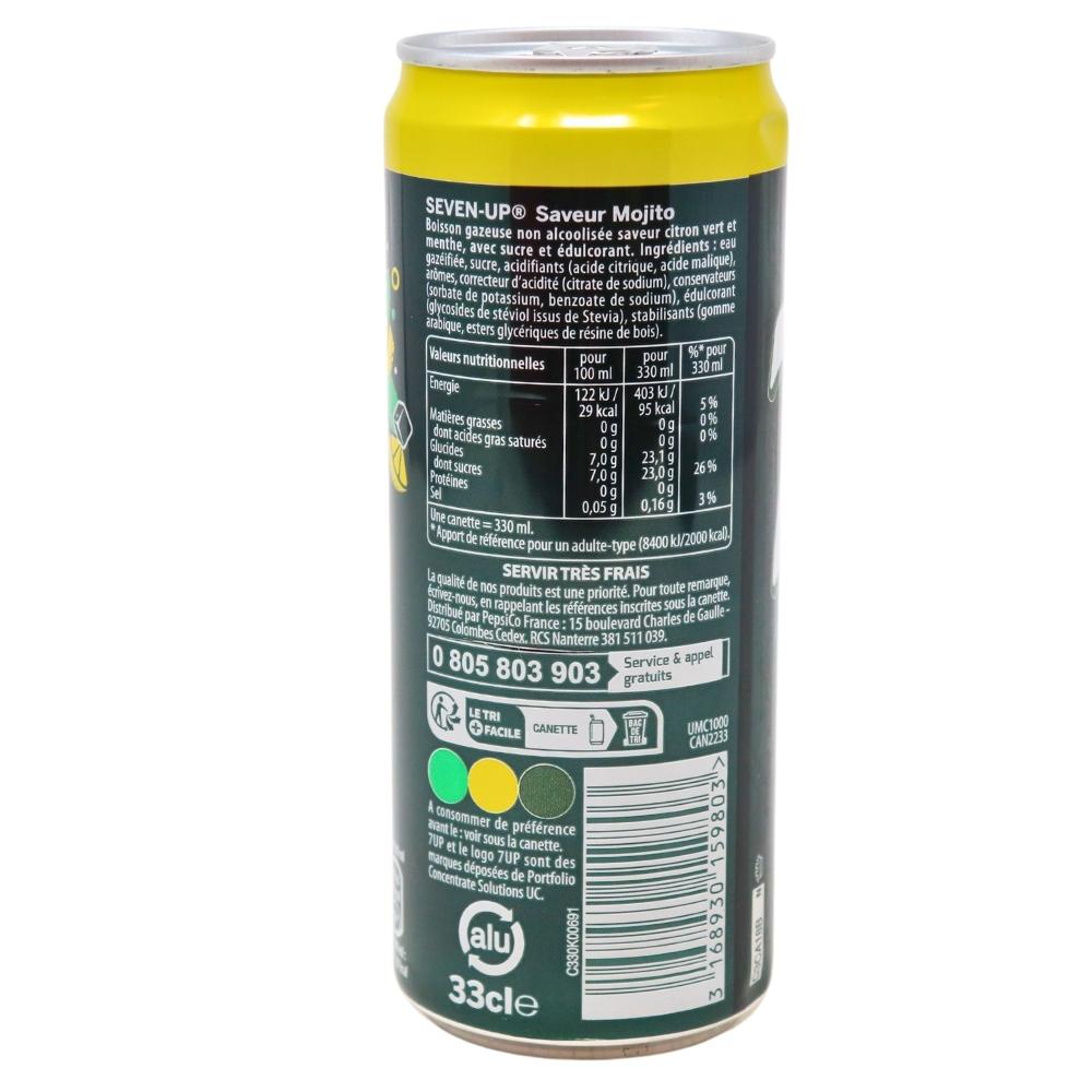 7up Mojito (France) - 330mL Nutrition Facts Ingredients - 7UP Mojito France - Zesty Mojito Fizz - Citrusy Fizz - Limey Goodness - Minty Freshness - Refreshing Journey - Classic Soda with a Twist - Breezy Summer Day - Twist on the Classic - Mint-Infused Delight