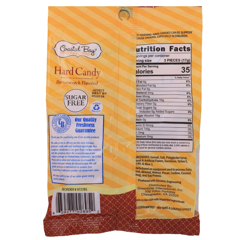 Coastal Bay Sugar Free Butterscotch Hard Candy - 3oz Nutrition Facts Ingredients  - sugar-free candy - hard candy - butterscotch candies
