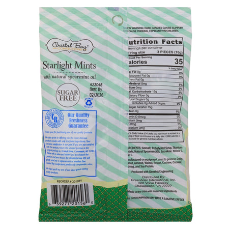 Coastal Bay Sugar Free Starlight Mints - 3oz Nutrition Facts Ingredients - sugar-free candy - mint candy
