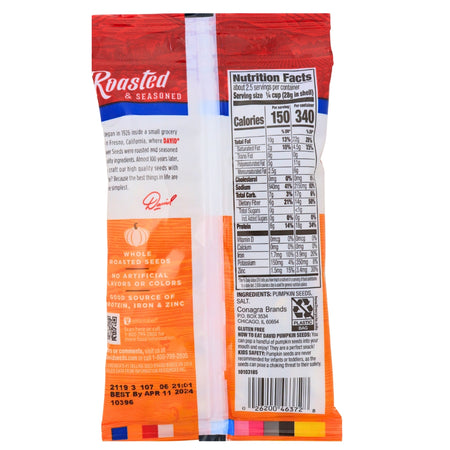 DAVID All Natural Pumpkin Seeds - 2.25 oz. Nutrition Facts Ingredients