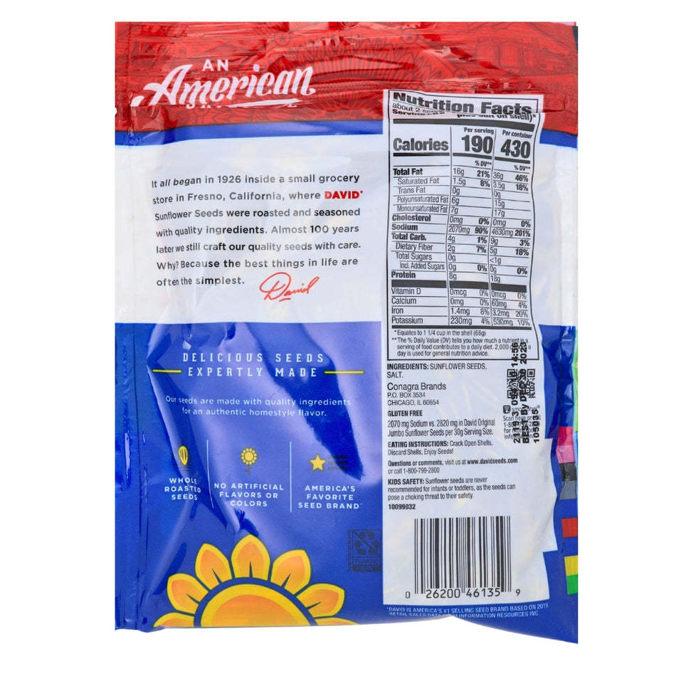 DAVID Reduced Sodium Jumbo Sunflower Seeds - 5.25 oz Nutrition Facts Ingredients