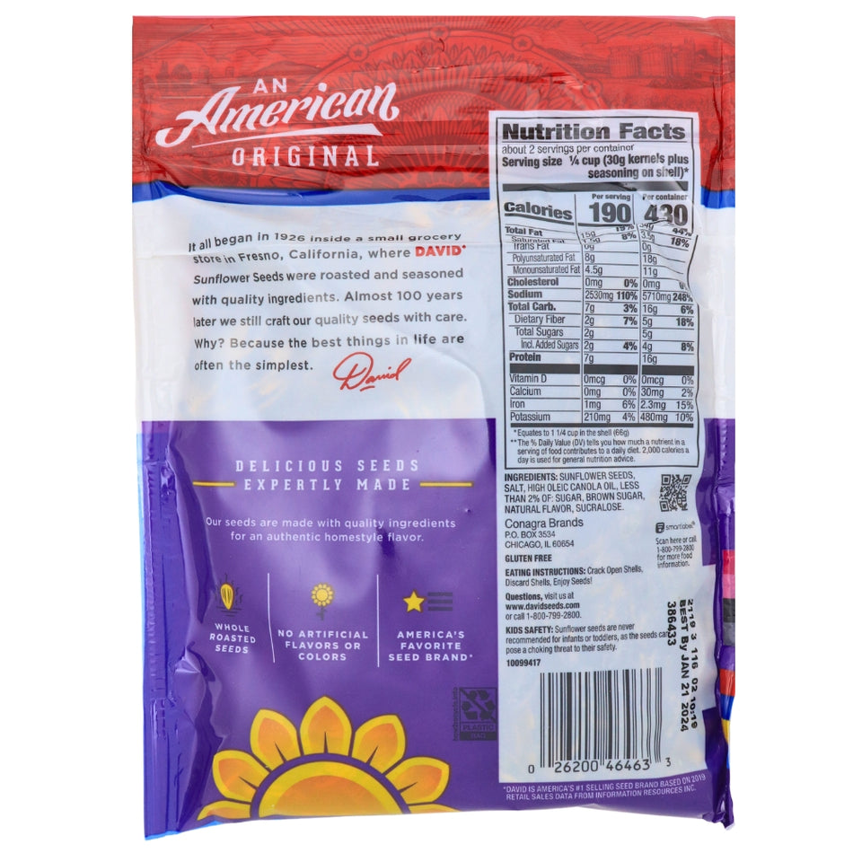 DAVID Sweet & Salty Jumbo Sunflower Seeds - 5.25 oz Nutrition Facts Ingredients