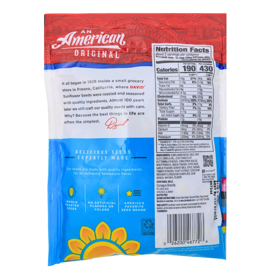 DAVID Ranch Jumbo Sunflower Seeds - 5.25 oz Nutrition Facts Ingredients