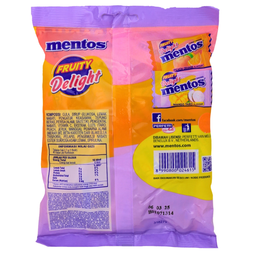 Mentos Fruit Delight Peach/Orange & Mango/Taro (Indonesia) - 121.5g Nutrition Facts Ingredients - Mentos - Mentos Candy - Old Fashioned Candy - Mango Candy - Peach Candy