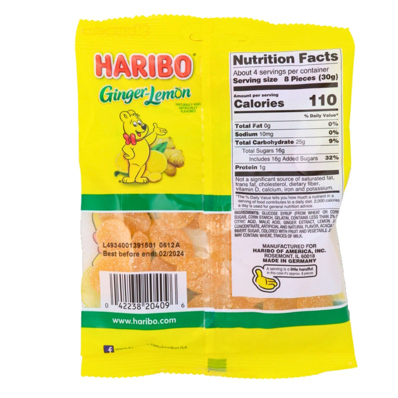 Haribo Ginger Lemon Candy - 4oz. Nutrition Facts - Ingredients