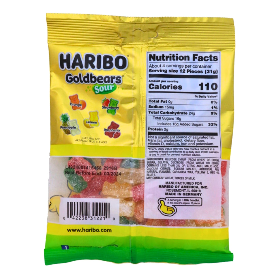 Haribo Sour Gold Bears Gummi Candy - 4.5 oz. Nutrition Facts - Ingredients