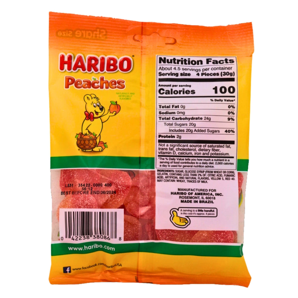 Haribo Peaches Gummy Candy - 5oz. Nutrition Facts - Ingredients