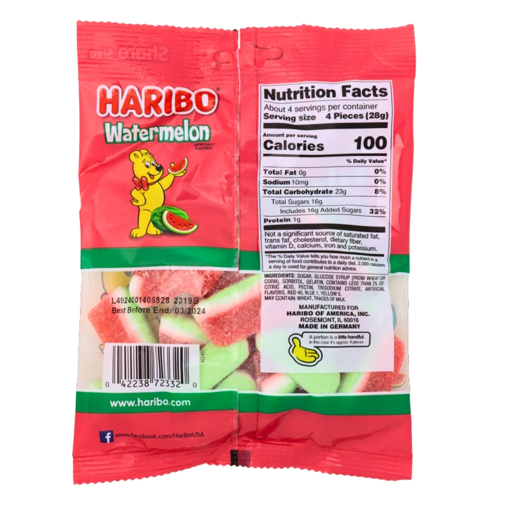Haribo Watermelon Gummi Candy - 4.1oz Nutrition Facts - Ingredients