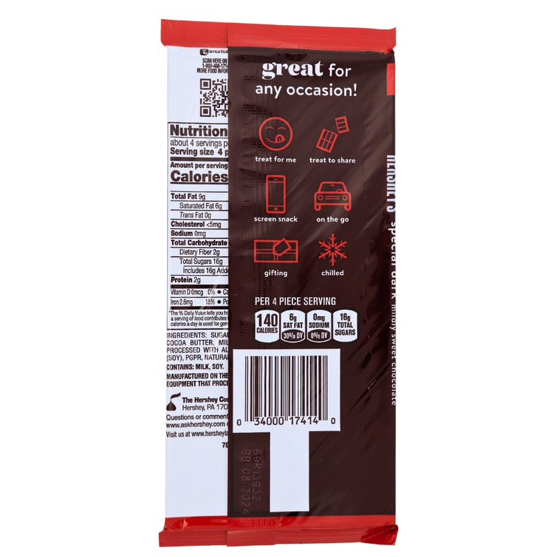 Herhsey's Special Dark XL - 4.25oz Nutrition Facts Ingredients - Dark Chocolate - The Great American Chocolate Bar - Hershey's - Big Chocolate Bar - Large Dark Chocolate Bar