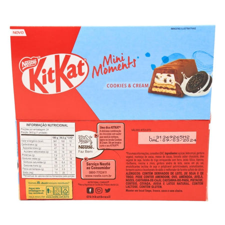 KitKat Mini Moments: Cookies and Cream (Brazil) - 39.6g Nutrition Facts Ingredients - Kit Kat Mini Moments - Cookies and Cream - Brazilian Kit Kat - Miniature treats - Crunchy wafer - Smooth filling - Satisfying snacking - Bite-sized delights - Irresistible flavour - Blissful snacking