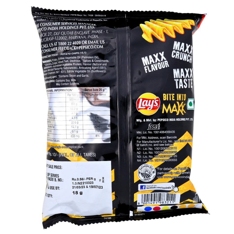 Lays Maxx Sizzling BBQ (India) - 18g Nutrition Facts Ingredients