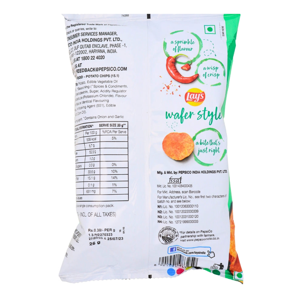 Lays Wafer Style Sundried Chili (India) - 26g Nutrition Facts Ingredients