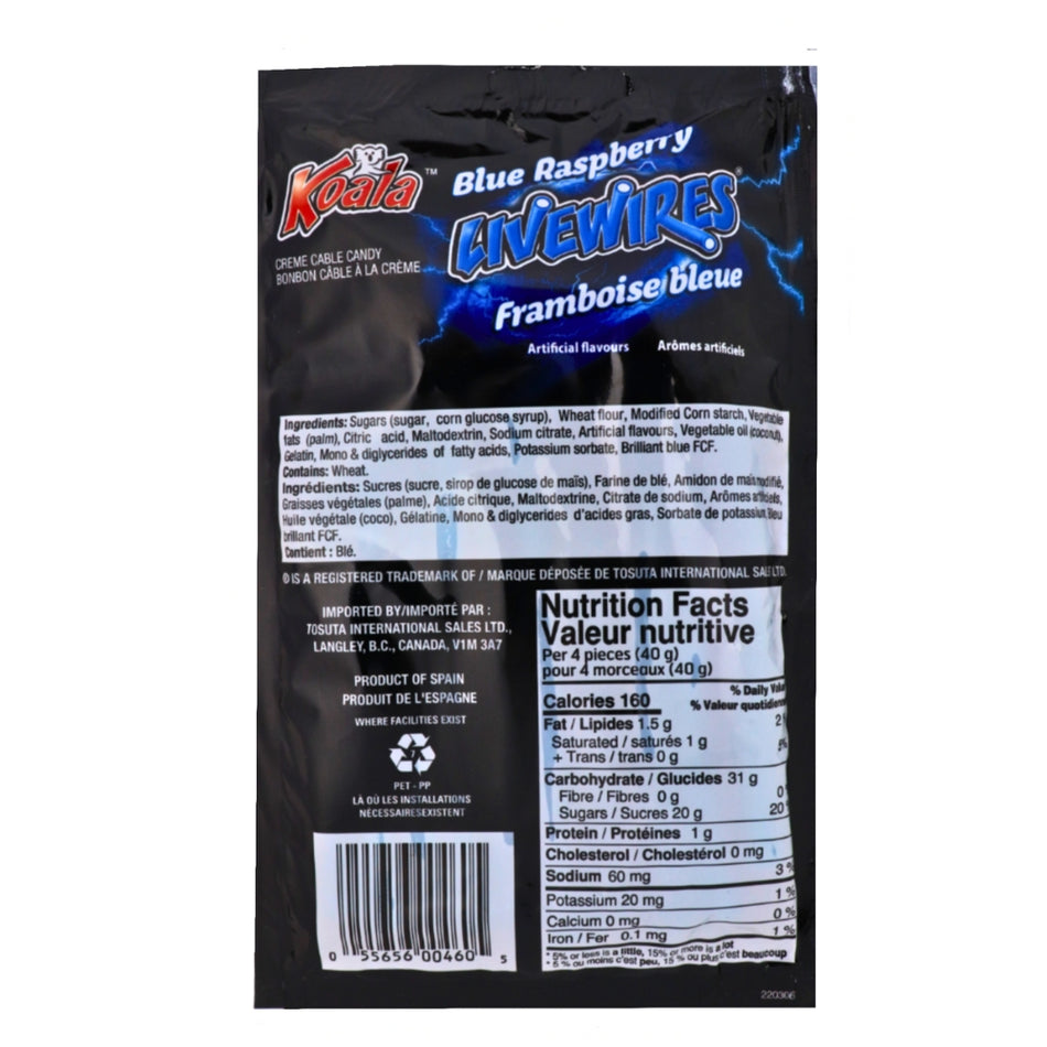 Koala Livewires Blue Raspberry Cream Cables Candy - 100g Nutrition Facts Ingredients