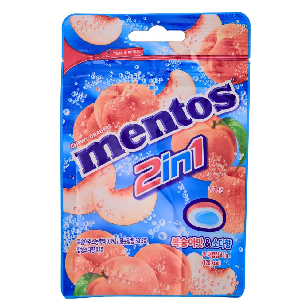 Mentos 2in1 Peach - 45g (Korea) - Mentos 2in1 Peach - Korean candy - Peach flavour - Chewy candies - Fruit and mint - Refreshing taste - On-the-go snack - Fruity goodness - Flavour fusion - Korean sweets