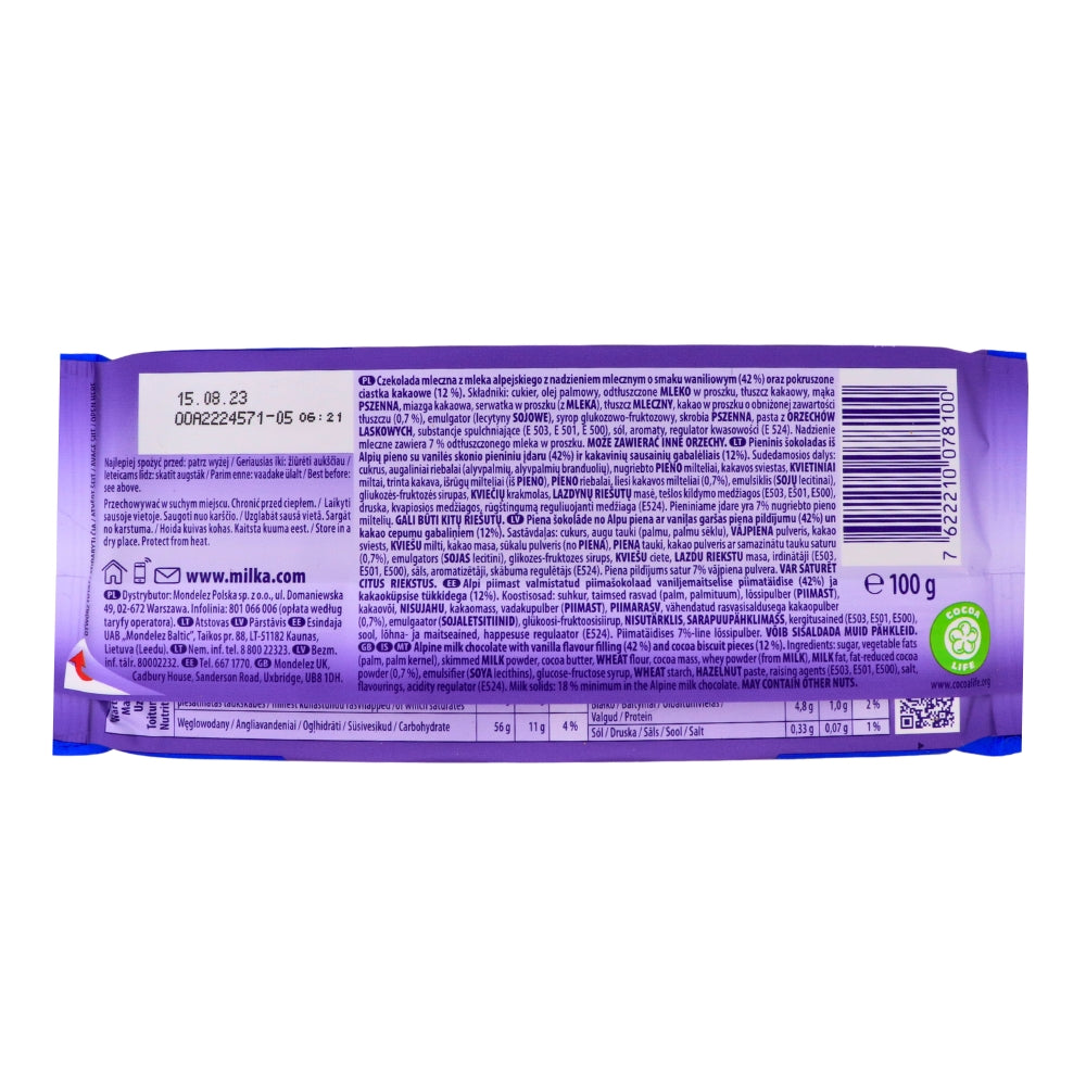 Milka Alpine Milk Chocolate & Oreo Chocolate Bars Nutrition Facts Ingredients