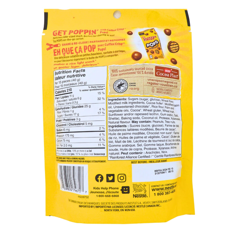 Coffee Crisp Pops - 170g Nutrition Facts Ingredients - Coffee Crisp - Canadian Chocolate Bar - Coffee Chocolate