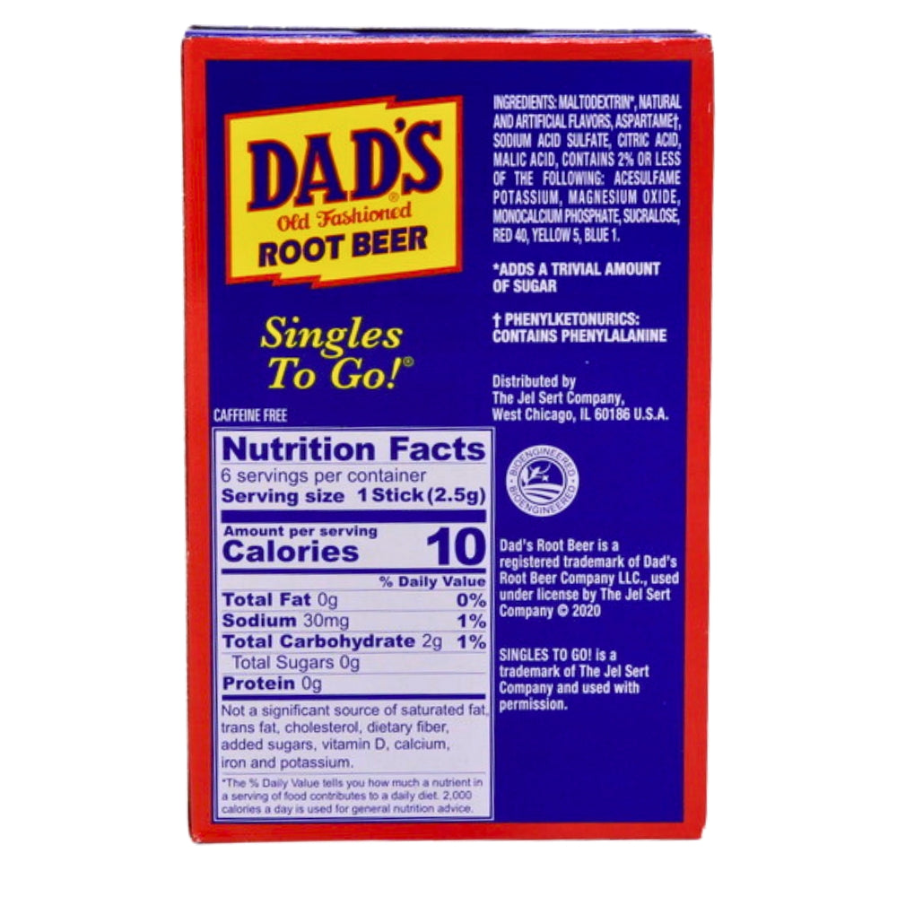 Dad's Old Fashioned Singles To Go Root Beer Nutrition Facts Ingredients