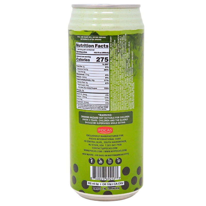 Pocas Bubble Tea with Tapioca Pearls Matcha - 16.5oz Nutrition Facts Ingredients - Bubble Tea - Pocas Bubble Tea - Matcha Bubble Tea - Pocas Matcha Bubble Tea