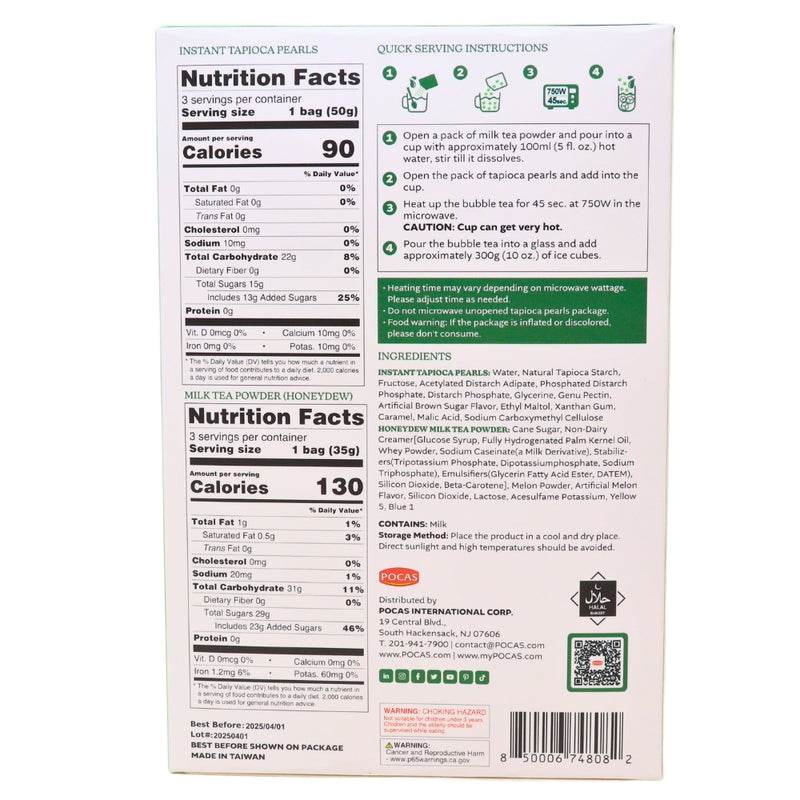 Pocas DIY Bubble Tea Kit Honeydew 3 Pack -  9oz Nutrition Facts Ingredients - Bubble Tea - Pocas Bubble Tea - Pocas DIY Bubble Tea Kit - Honeydew Bubble Tea