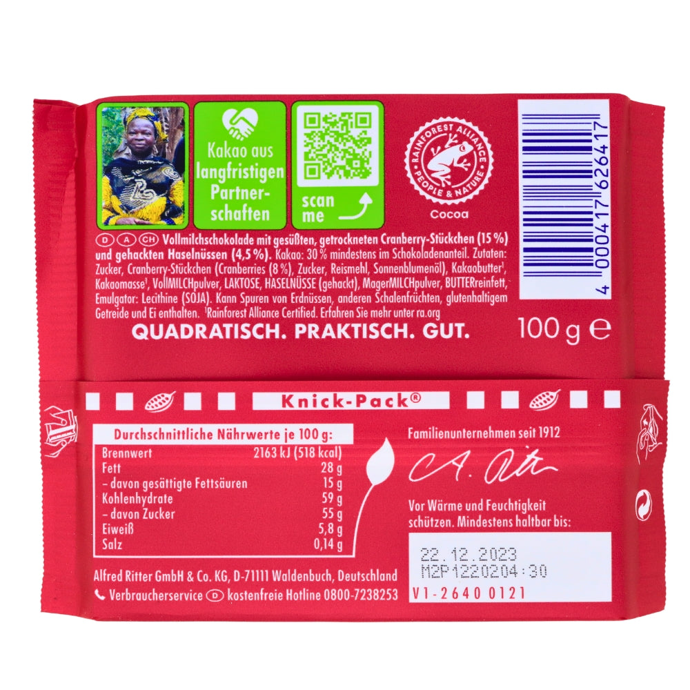 Ritter Sport Cranberry Nut - 100g-Nutrition Facts -Ingredients-Ritter Sport Chocolate from Germany!