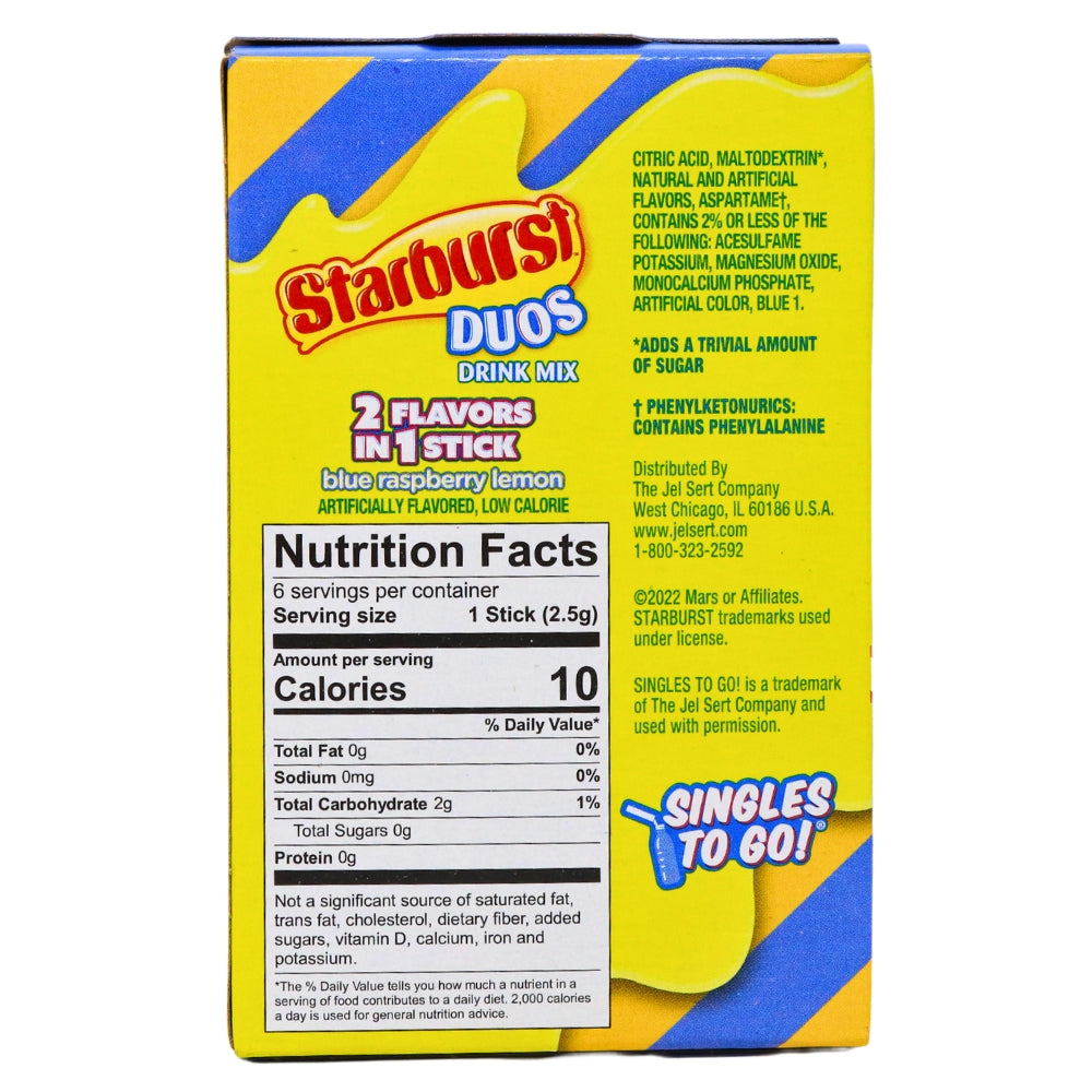 Starburst Duos Singles to Go Blue Raspberry Lemon Drink Mix - Nutrition Facts - Ingredients