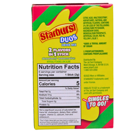 Starburst Duos Singles to Go Strawberry Watermelon Drink Mix Nutrition Facts Ingredients