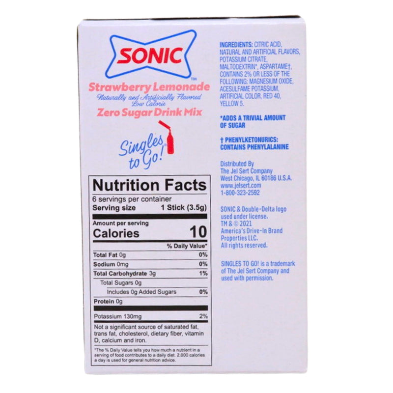 Sonic Strawberry Lemonade Zero Sugar Singles To-Go Nutrition Facts Ingredients