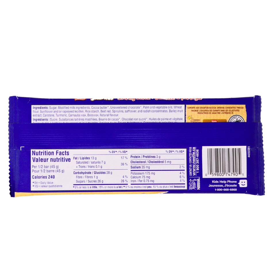 Nestle Smarties Milk Chocolate Tablet Bar - 90g Nutrition Facts Ingredients