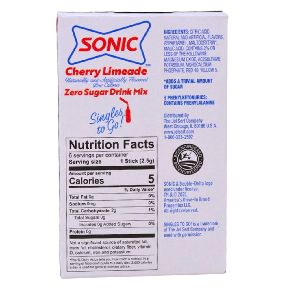 Sonic Cherry Limeade Zero Sugar Singles To-Go Nutrition Facts Ingredients