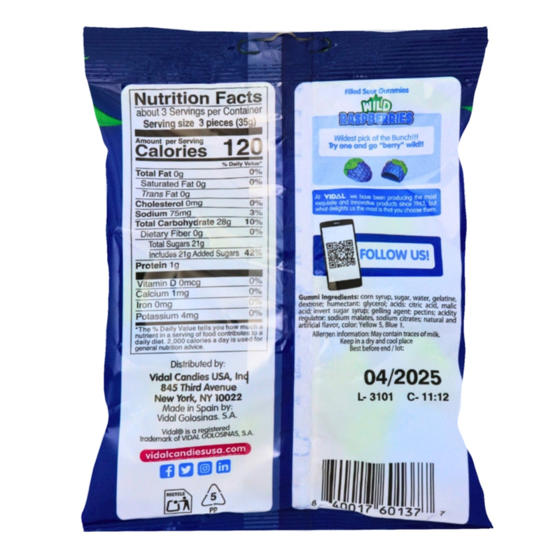 Vidal Sour Wild Raspberries - 3.5oz Nutrition Facts Ingredients