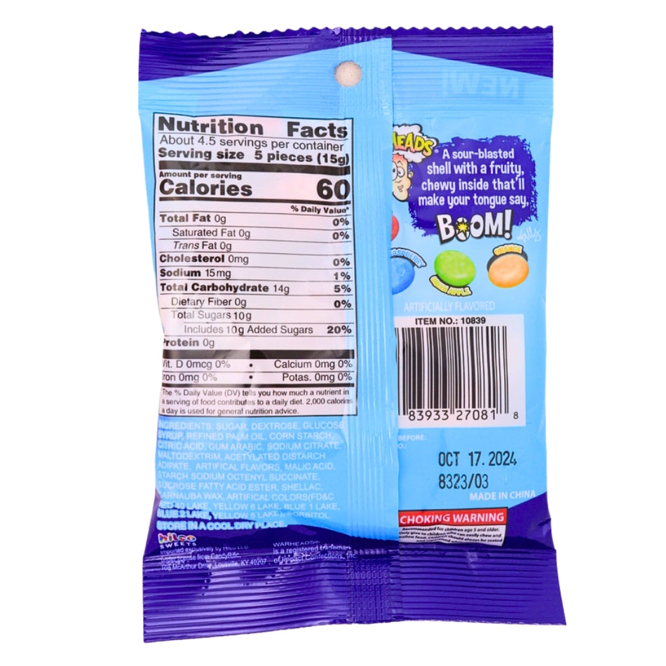 Warheads Sour Boom Fruit Chews - 2.5oz Nutrition Facts Ingredients - Warheads - Warheads Candy - Sour Candy - Warheads Sour Candy - Warheads Sour Boom Fruit Chews - Extreme Sour Candy