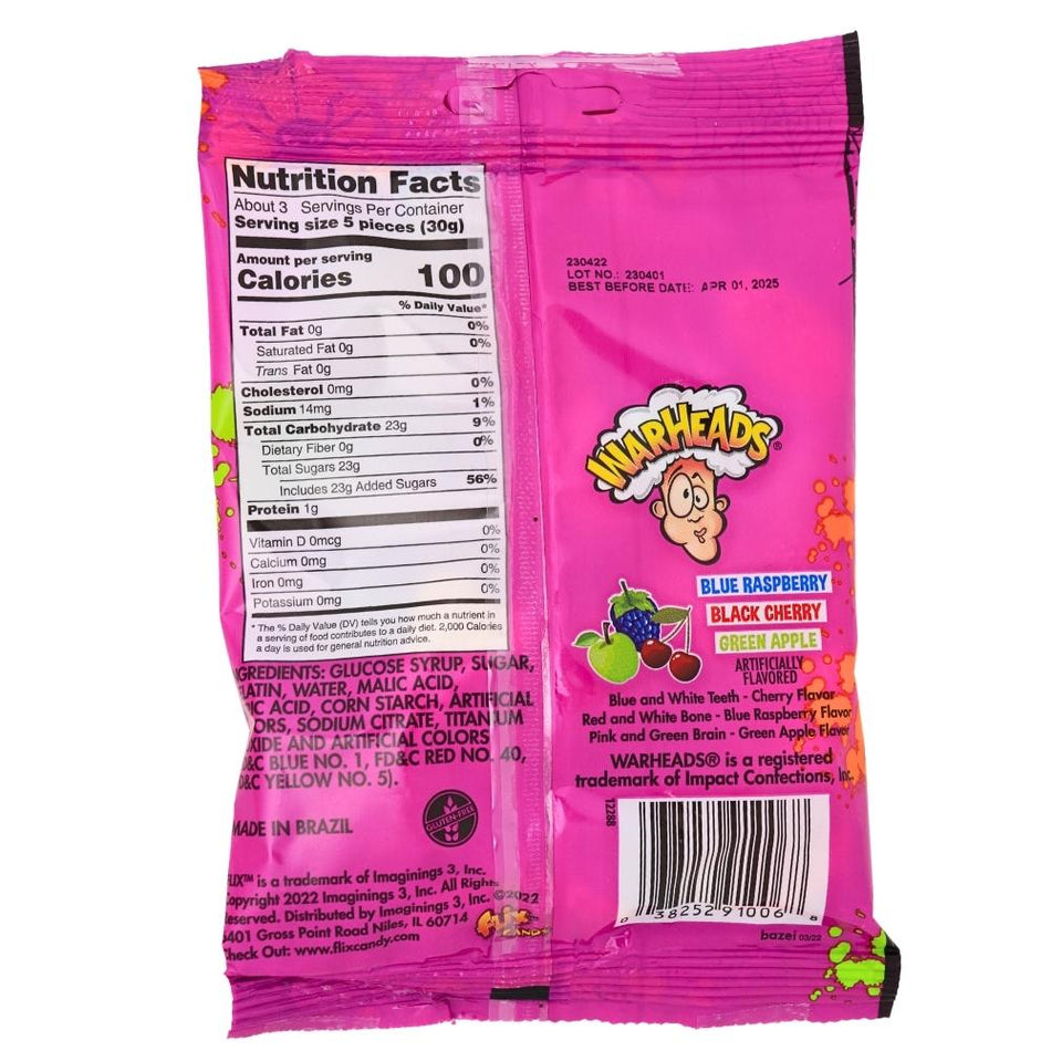 Warheads Gummy Body Parts - 3oz Nutrition Facts Ingredients - Sour Candy - Gummy Candy - Halloween Candy - Warheads Candy