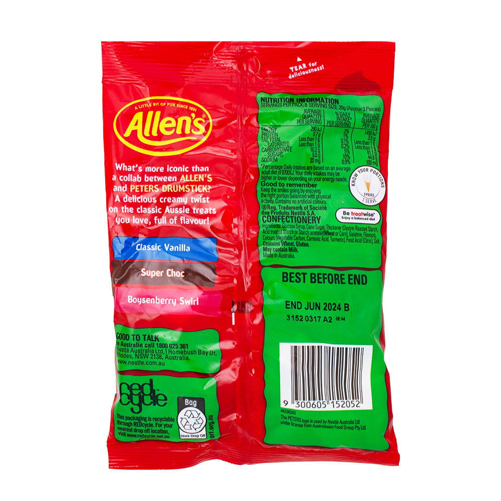 Allen's Drumstick Ice Cream Gummies (Aus) - 170g Nutrition Facts Ingredients - Allen's Drumstick Ice Cream Gummies - Australian candy - Summer flavours - Chewy gummies - Vanilla and strawberry - Sweet indulgence - Nostalgic treat - Fruit-flavoured candy - Irresistible snack - Aussie sweets