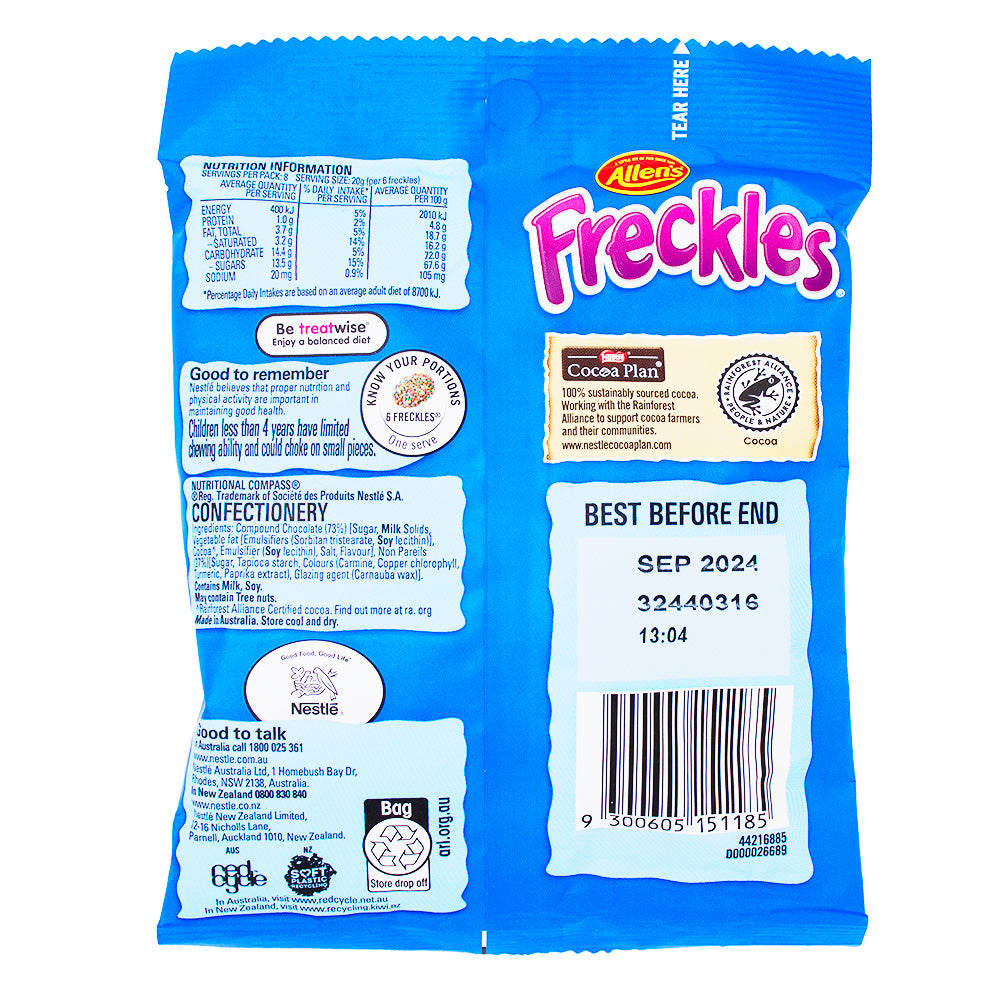 Allen's Freckles (Aus) - 160g Nutrition Facts Ingredients - Allen's Freckles - Australian Candy - Chocolate Candy - Candy with Candy Shells - Nostalgic Childhood Treat - International Candy - Sweet Chocolate Goodness - Colourful Candy Delight