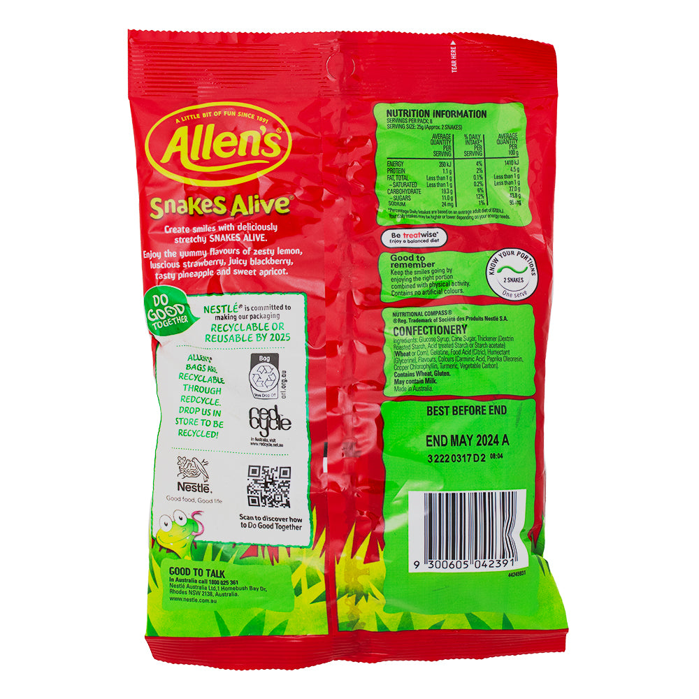 Allen's Snakes Alive Gummy Candy (Aus) - 200g Nutrition Facts Ingredients