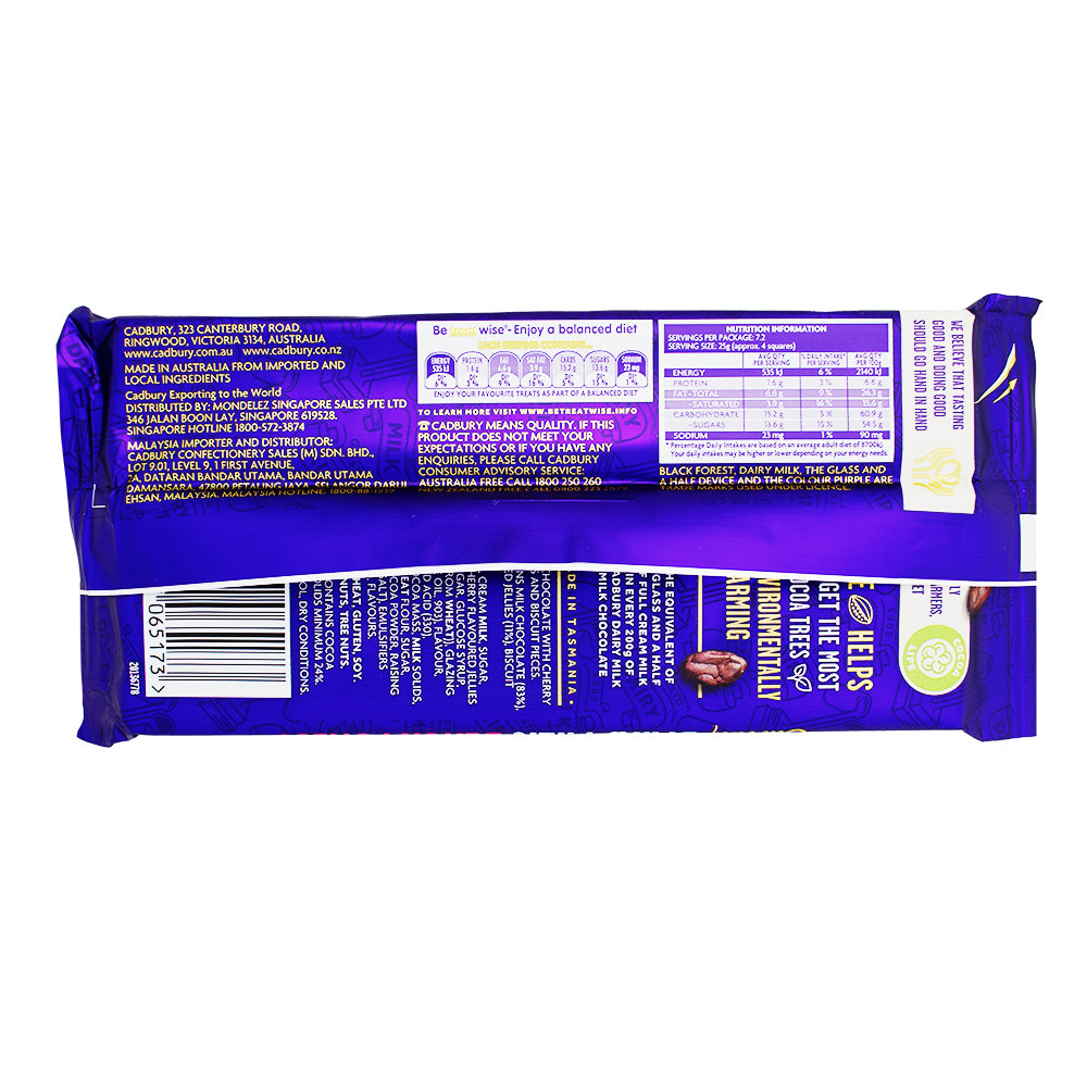 Cadbury Dairy Milk Black Forest (Aus) - 180g Nutrition Facts Ingredients