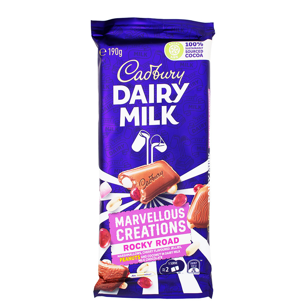 Cadbury Dairy Milk Marvellous Creations Rocky Road (Aus) - 190g - Cadbury Dairy Milk Marvellous Creations Rocky Road - Australian Candy - Rocky Road Chocolate - Unique Flavour Blends - Chocolate Bar - Indulgent Treat - International Candy - Aussie Snacks