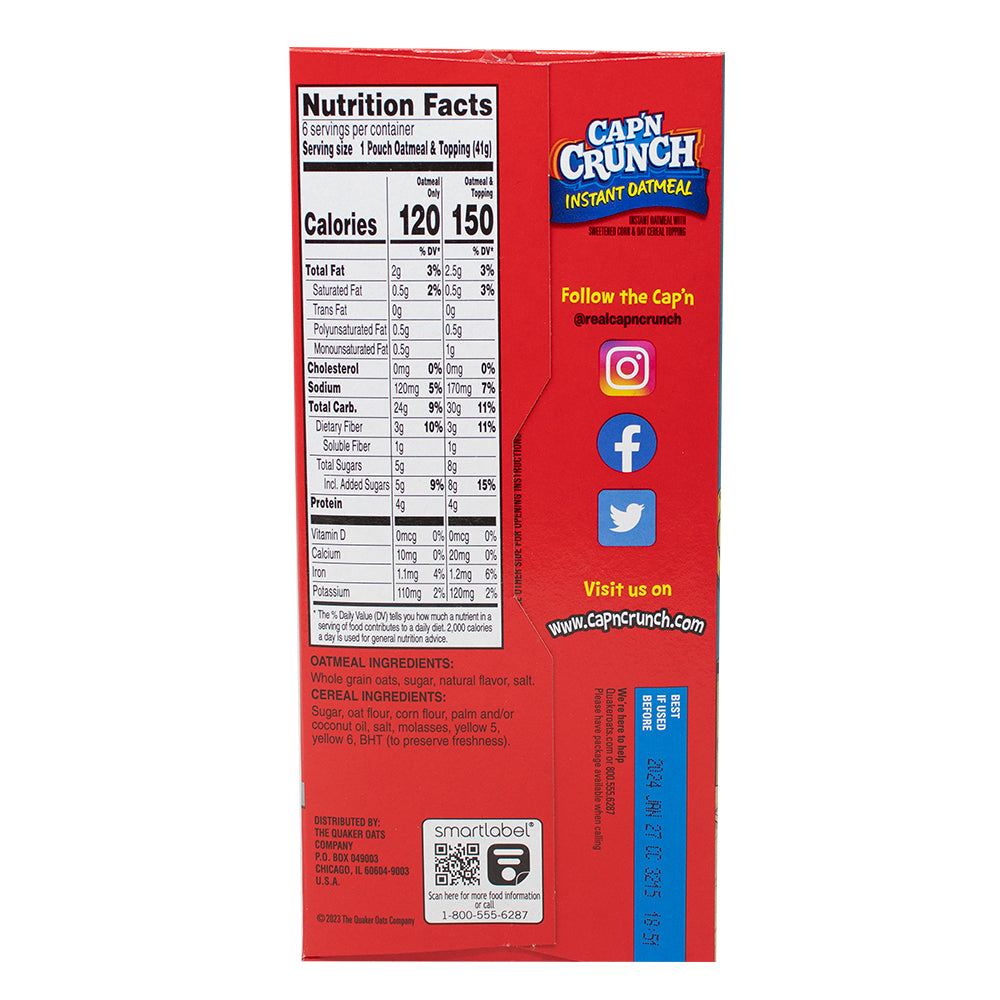 Captain Crunch Instant Oatmeal Original 6 Pouches - 34g Nutrition Facts Ingredients