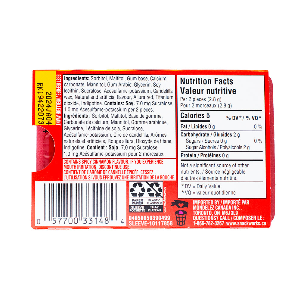 Dentyne Cinnamon Fire Gum 12 Pieces - 12 Pack Box **BB JAN 04/24** Nutrition Facts Ingredients