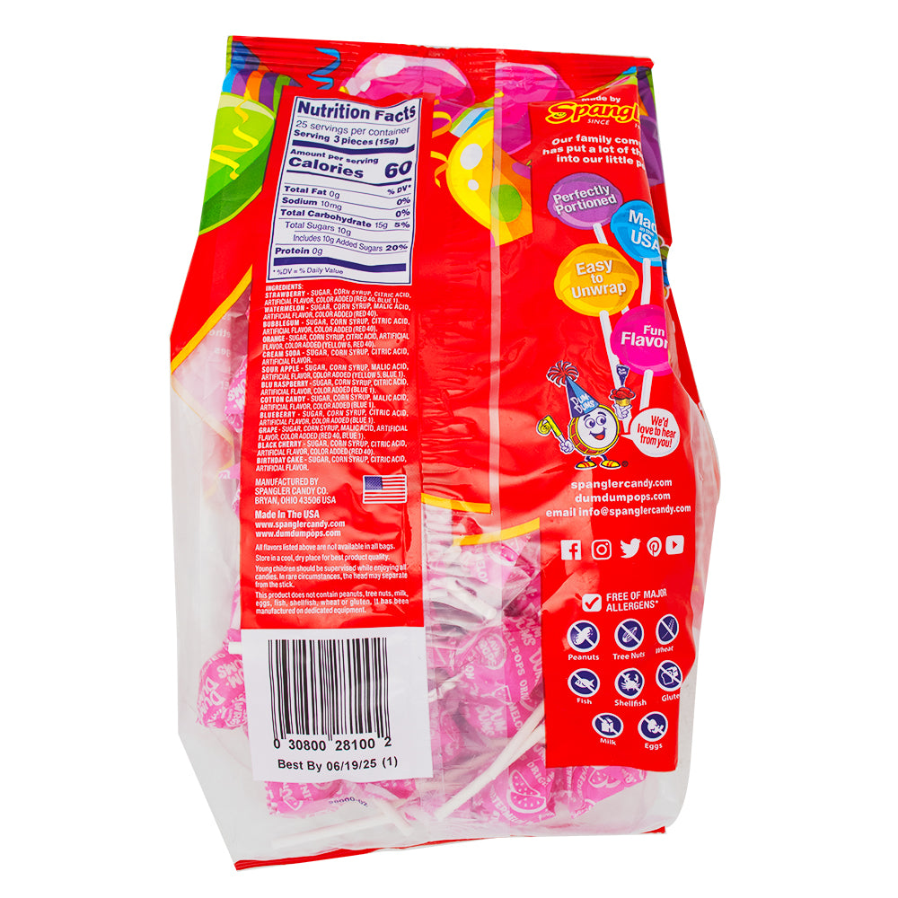Dum Dums Color Party Hot Pink Watermelon Lollipops-75 CT Nutrition Facts Ingredients