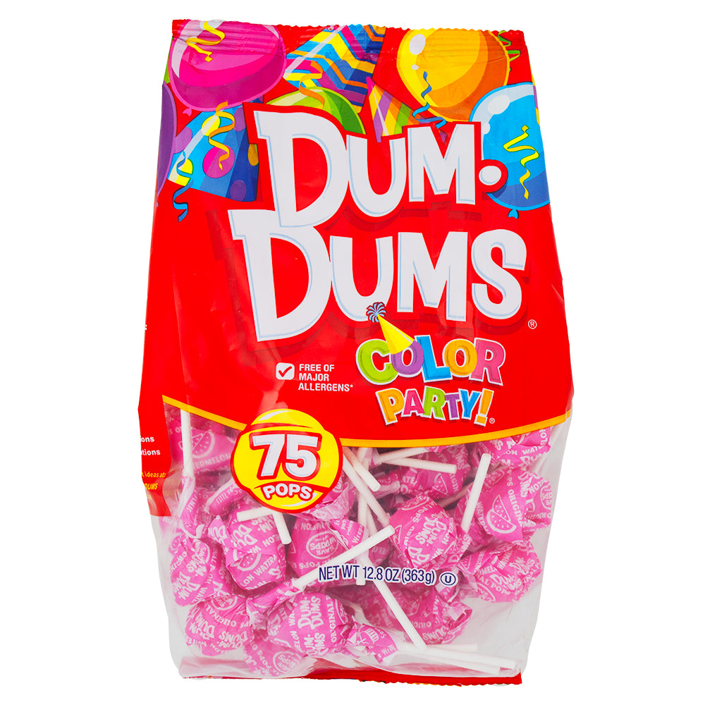 Dum Dums Color Party Hot Pink Watermelon Lollipops-75 CT