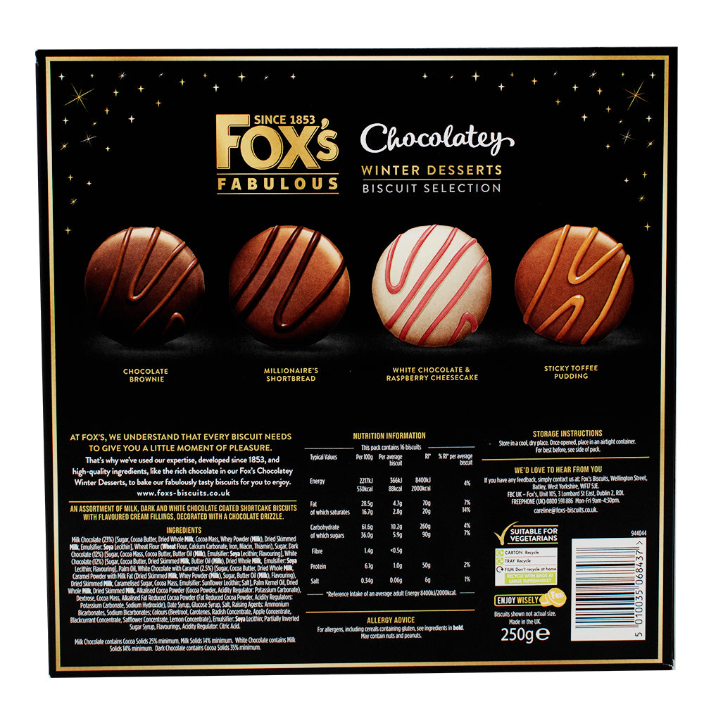 Fox's Winter Desserts Biscuit Selection Box (UK) - 250g  Nutrition Facts Ingredients - Fox's Winter Desserts Biscuit Selection Box - UK biscuits - Holiday treats - Festive flavours - Ginger biscuits - Chocolate biscuits - Seasonal indulgence - Cozy snacks - Holiday season delights - Biscuit assortment