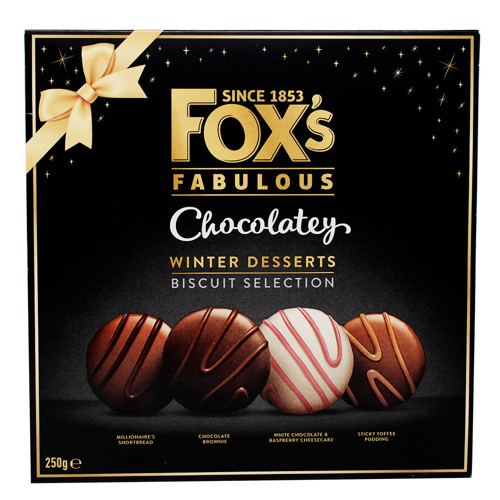 Fox's Winter Desserts Biscuit Selection Box (UK) - 250g - Fox's Winter Desserts Biscuit Selection Box - UK biscuits - Holiday treats - Festive flavours - Ginger biscuits - Chocolate biscuits - Seasonal indulgence - Cozy snacks - Holiday season delights - Biscuit assortment