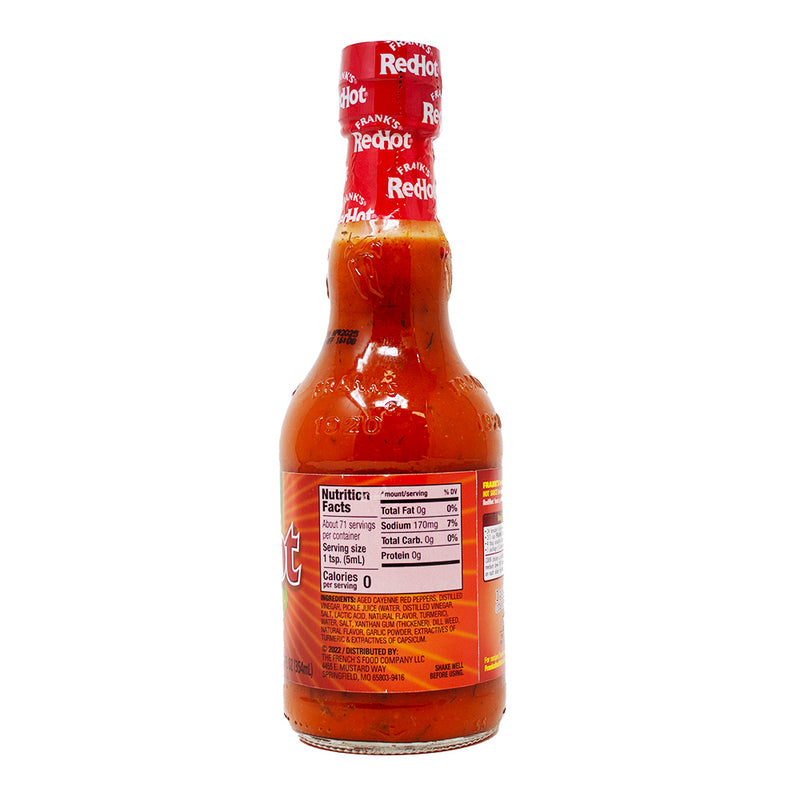 Frank's Red Hot Dill Pickle Sauce - 354mL Nutrition Facts Ingredients - Dill Pickle Sauce - Spicy Pickle Condiment - Frank's Red Hot - Tangy Twist - Flavour Adventure - Snack Game - Heat and Tanginess - Pickle Perfection - Fiery Kick - Versatile Condiment - Hot Sauce - Frank’s Red Hot Sauce - Frank’s Hot Sauce