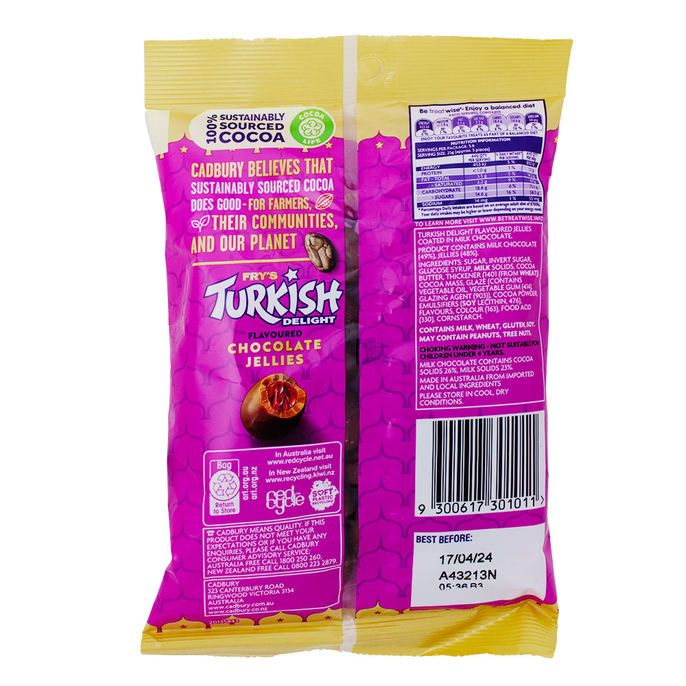 Fry's Turkish Delight Chocolate Jellies (Aus) - 140g Nutrition Facts Ingredients - Fry's Turkish Delight - Australian Chocolate Treat - Exotic Flavour Experience - Rose-Infused Jelly Delight - Luxurious Candy Indulgence - International Candy Delicacy - Decadent Chocolate Experience - Taste of Down Under