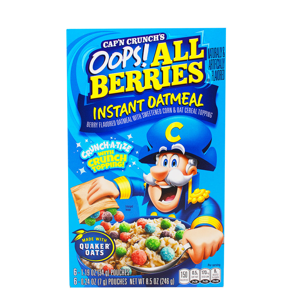 Captain Crunch Instant Oatmeal Oops All Berries 6 Pouches - 34g - Captain Crunch Instant Oatmeal Oops All Berries - Berrylicious Breakfast - Oatmeal Bliss - Breakfast Adventure - Fruity Symphony - Berry Blast - Quick Breakfast - Burst of Sweetness - Delightful Escape - Crunchy Delight - Captain Crunch