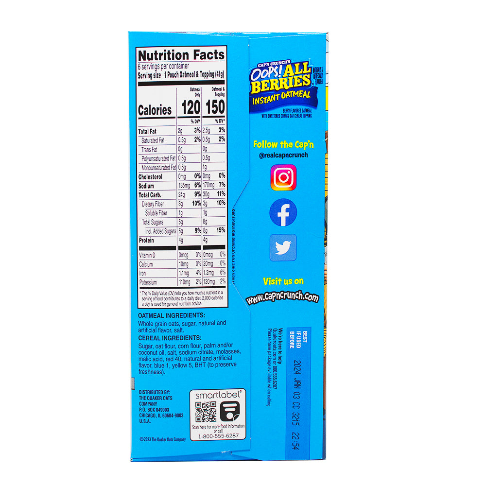 Captain Crunch Instant Oatmeal Oops All Berries 6 Pouches - 34g Nutrition Facts Ingredients