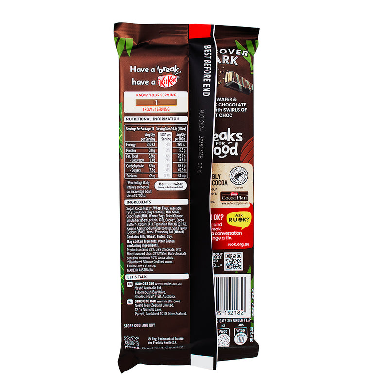 Kit Kat Dark with Tasmanian Mint (Aus) - 160g Nutrition Facts Ingredients - Kit Kat Dark with Tasmanian Mint - Australian Candy Delight - Rich Dark Chocolate - Cool Mint Flavour - Chocolate Mint Treat - International Candy Sensation - Unique Flavour Blend - Australian Chocolate Innovation